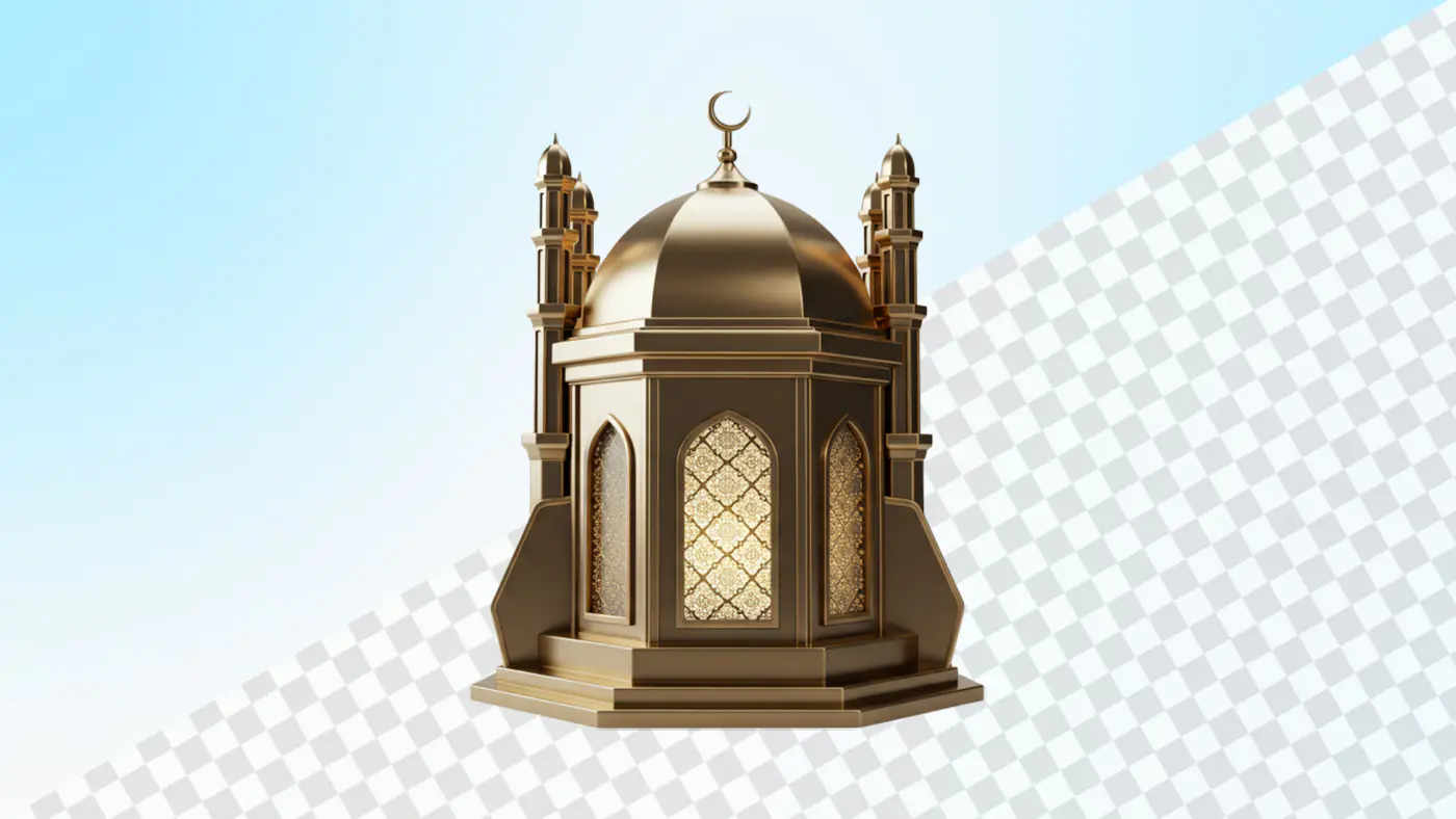 Golden Islamic lantern with ornate dome and minarets