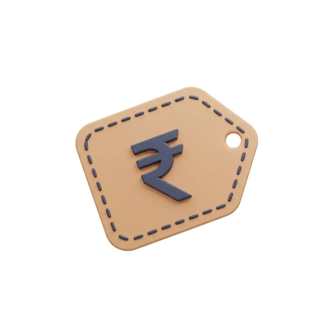 Indian rupee symbol on beige pentagon tag