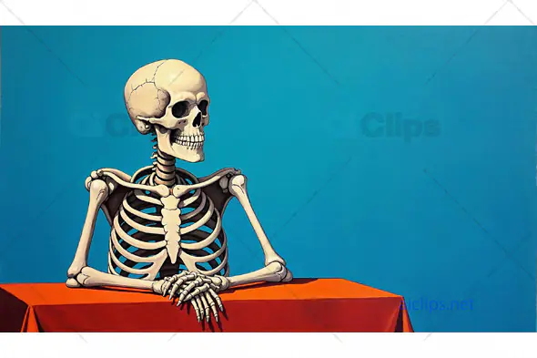 Skeleton at a Table with Blue Background