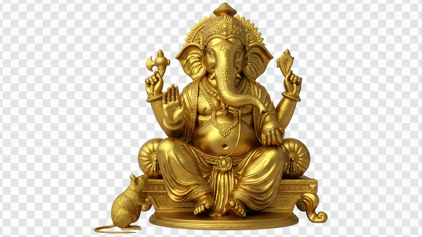 Golden Ganesha Statue with Ornate Crown PNG