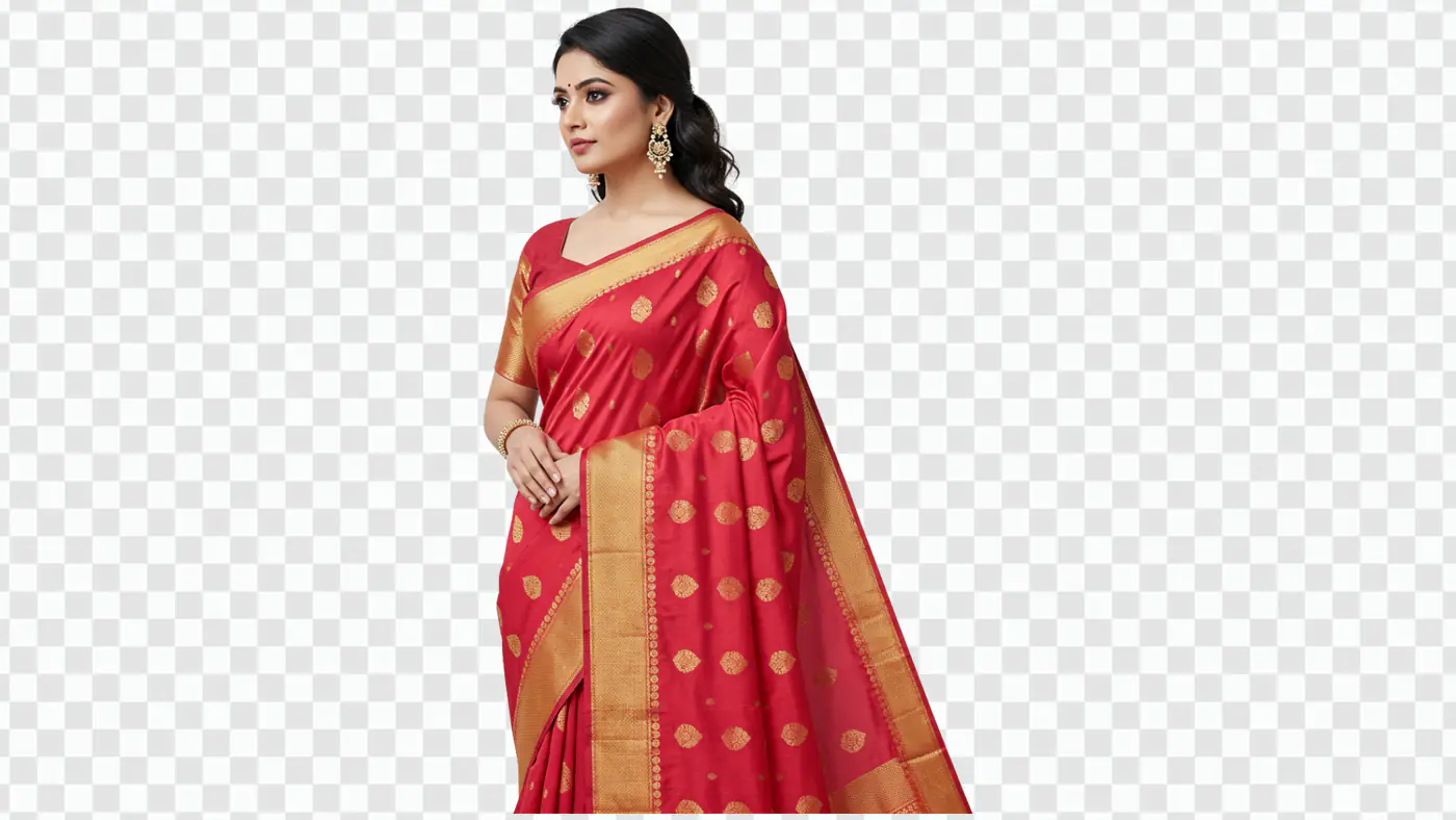 Elegant Red Silk Saree with Gold Motifs PNG