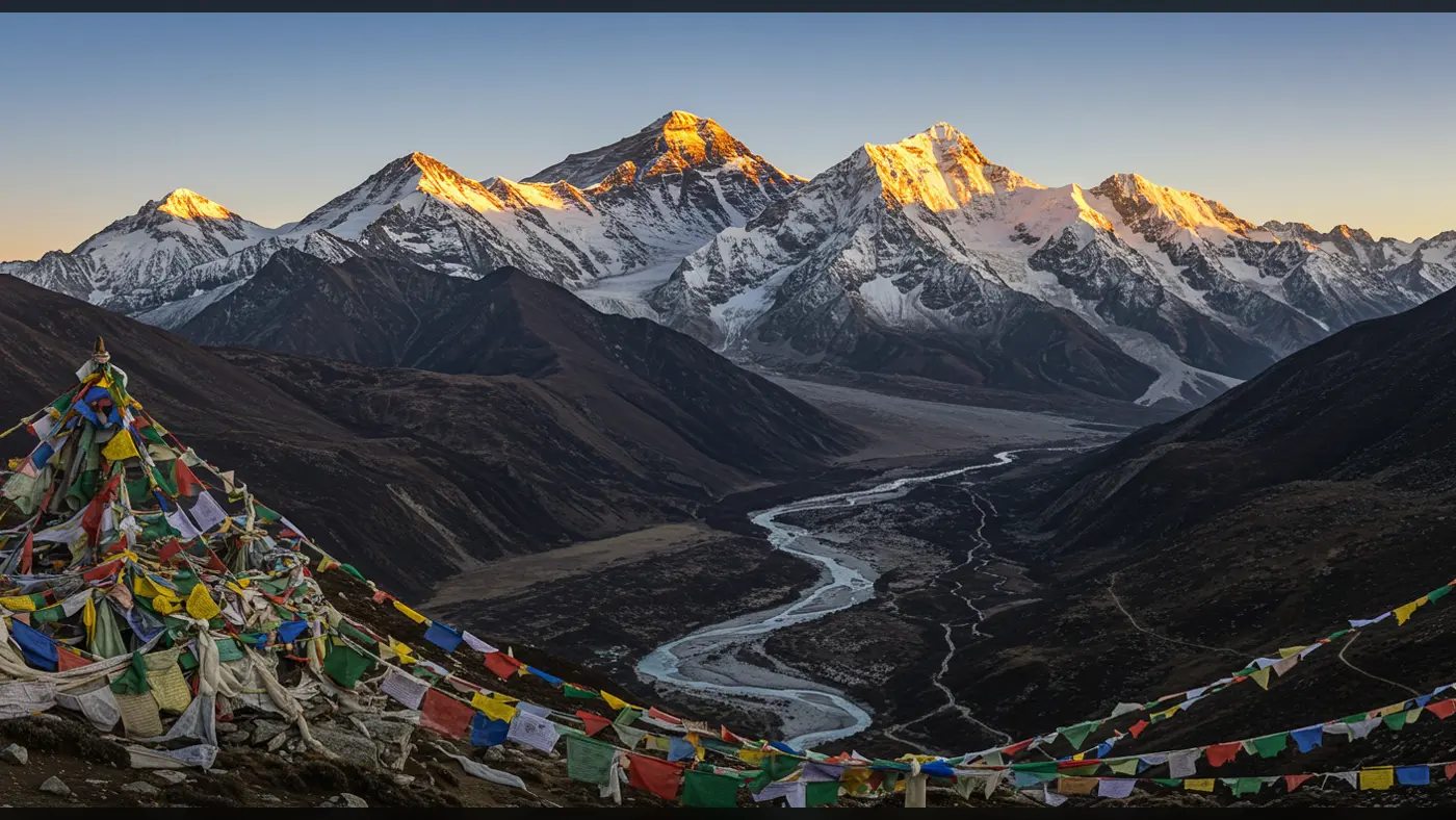 Winding Himalayan River Below Snowy Peaks at Sunrise with Prayer Flags