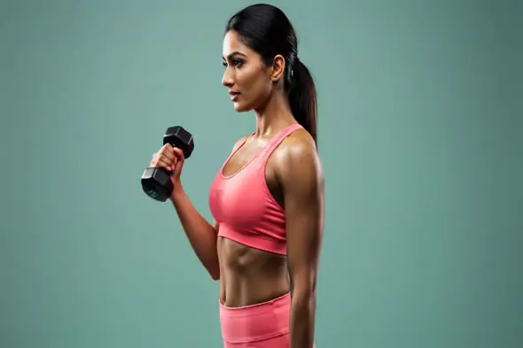 Confident Indian Woman Lifting Dumbbell in Sportswear on Teal Background