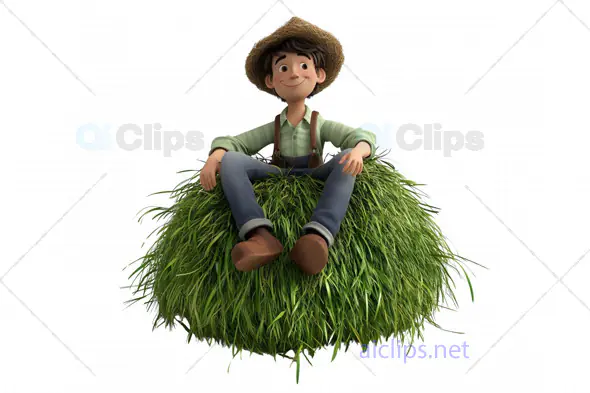 3D Cartoon Farmer Boy Sitting on Grass Pile