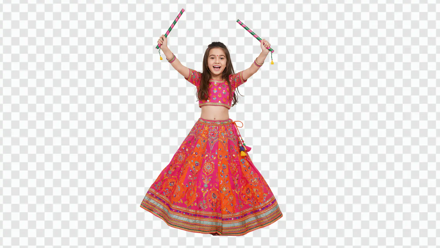 Joyful Girl in Vibrant Lehenga with Dandiya Sticks PNG