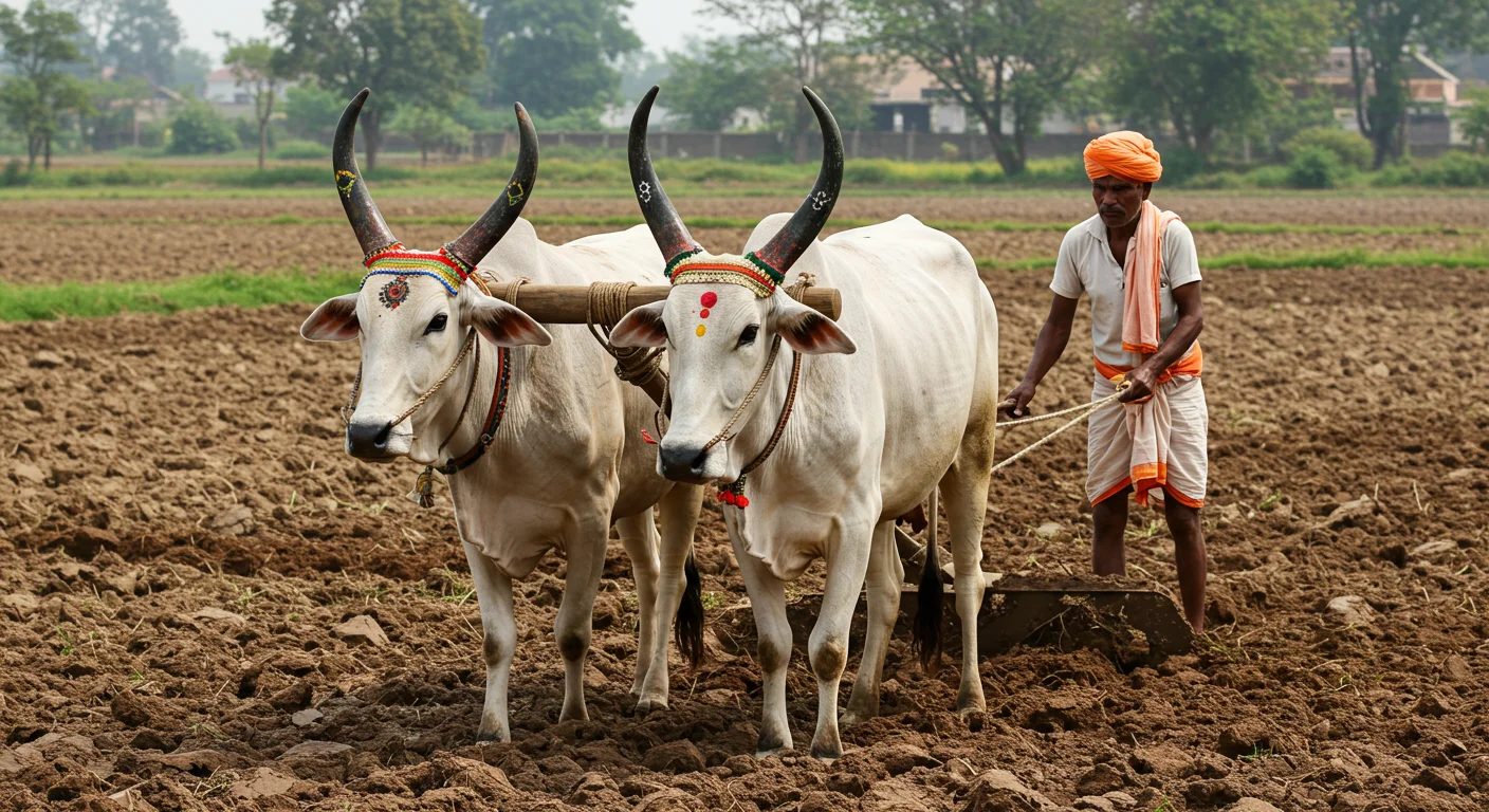 Decorated Oxen with Indian Farmer Ploughing Field | Village Culture | AIClips Rural Background