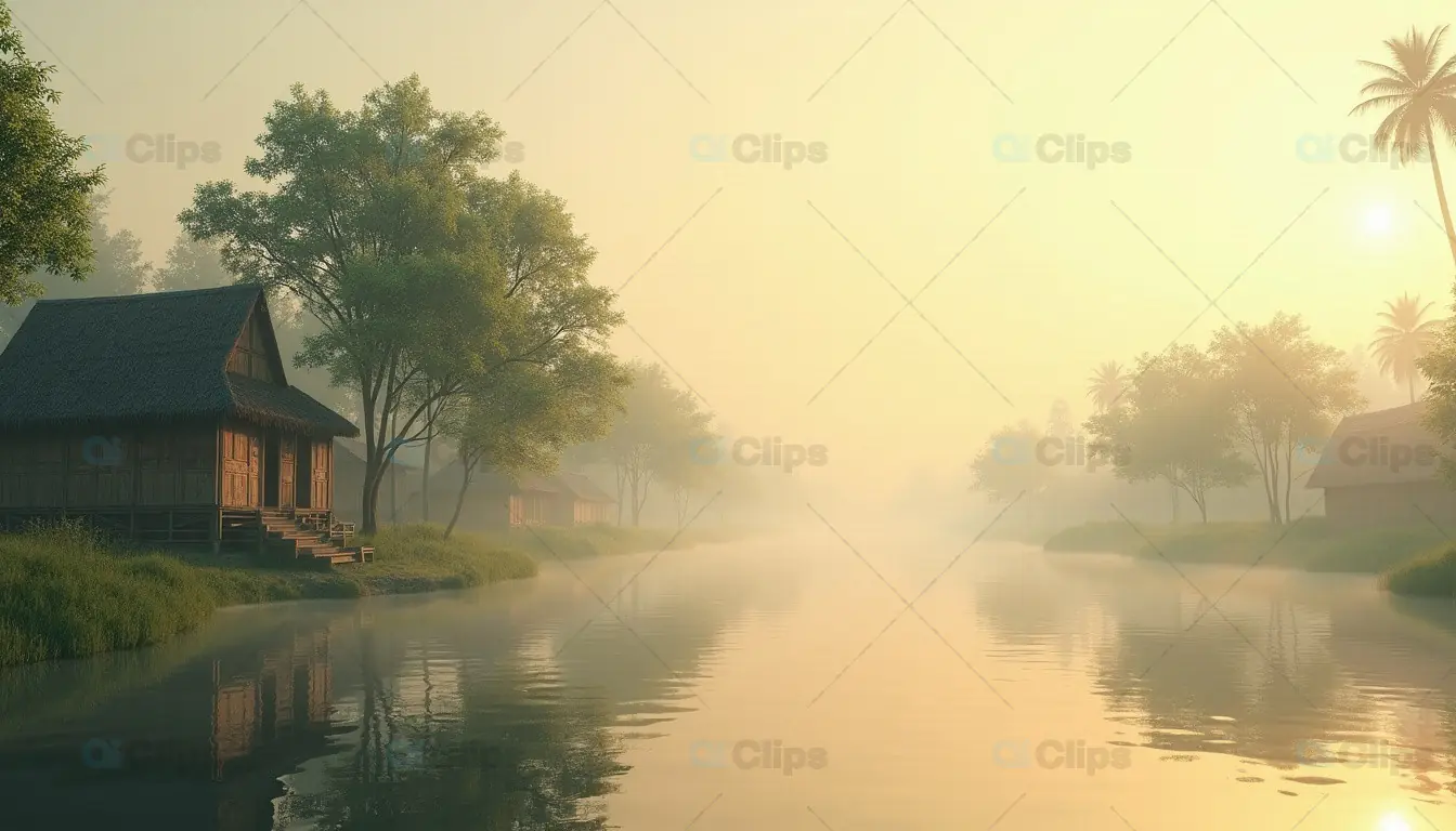 Serene Riverside Village at Sunrise