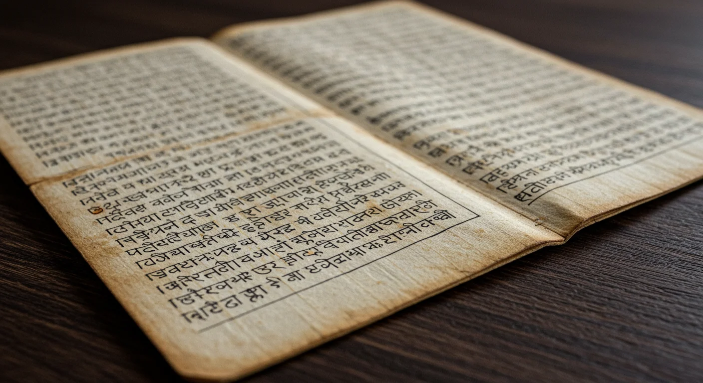 Ancient Sanskrit Manuscript on Wooden Table | Sacred Hindu Text