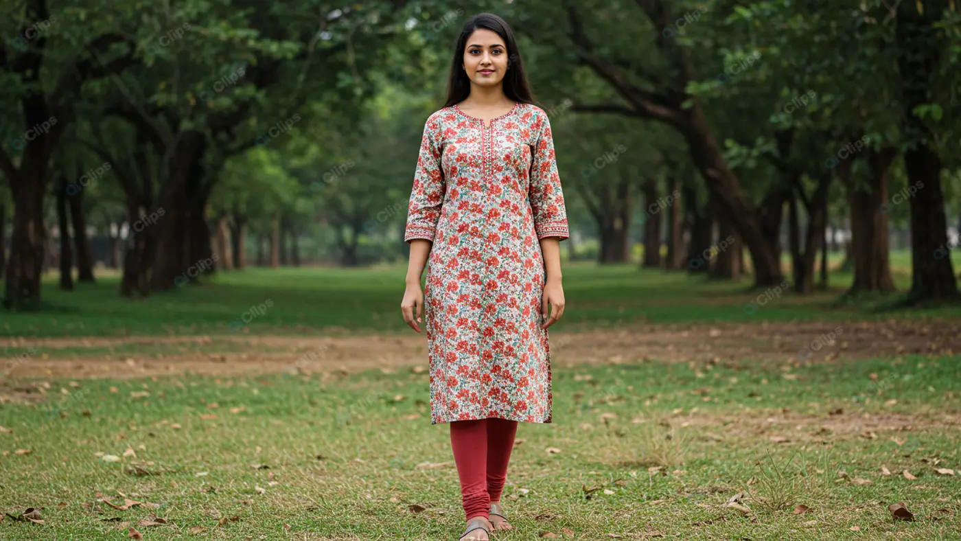 Woman in Floral Kurti Amid Green Park