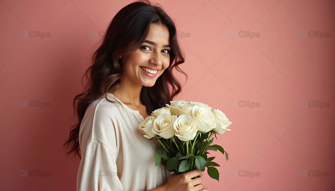 Woman Smiling with White Roses