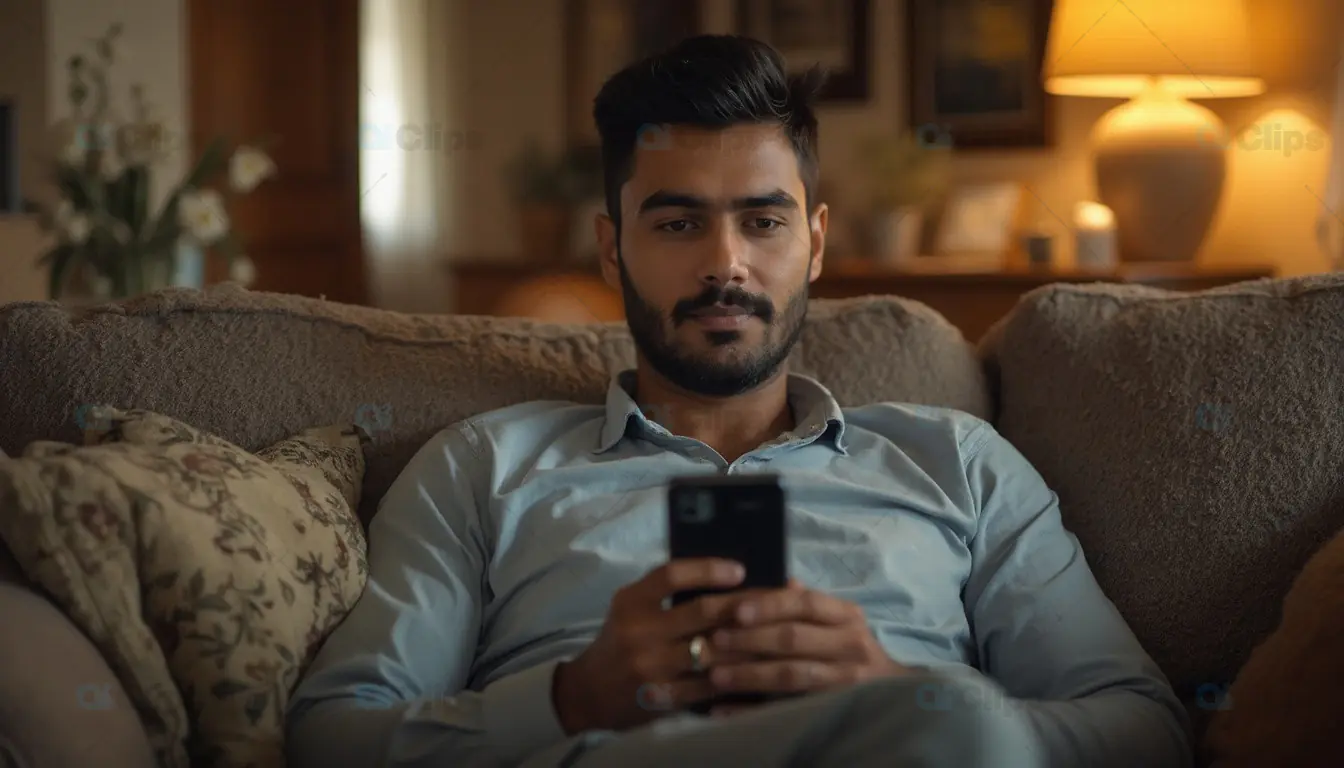 Focused Man Using Smartphone on Couch