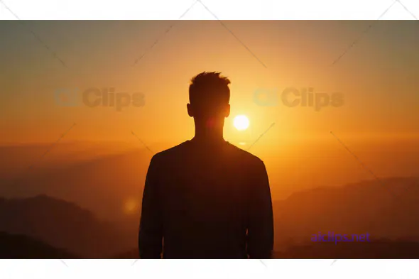 Man Watching Sunset Over Mountains