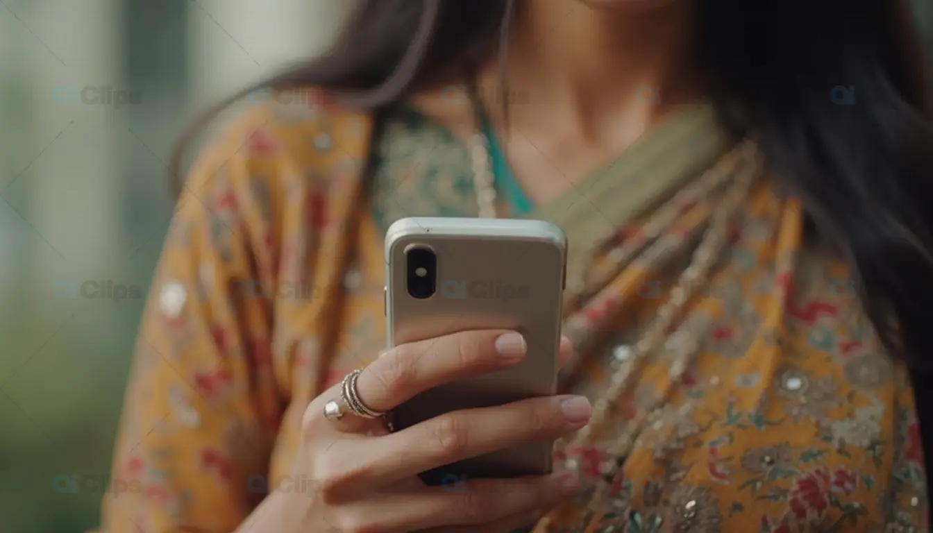 Woman in Traditional Saree Using Smartphone