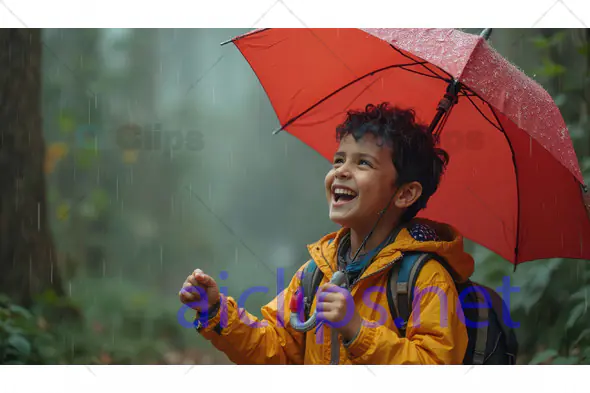 Happy Child with Red Umbrella in Rainy Forest