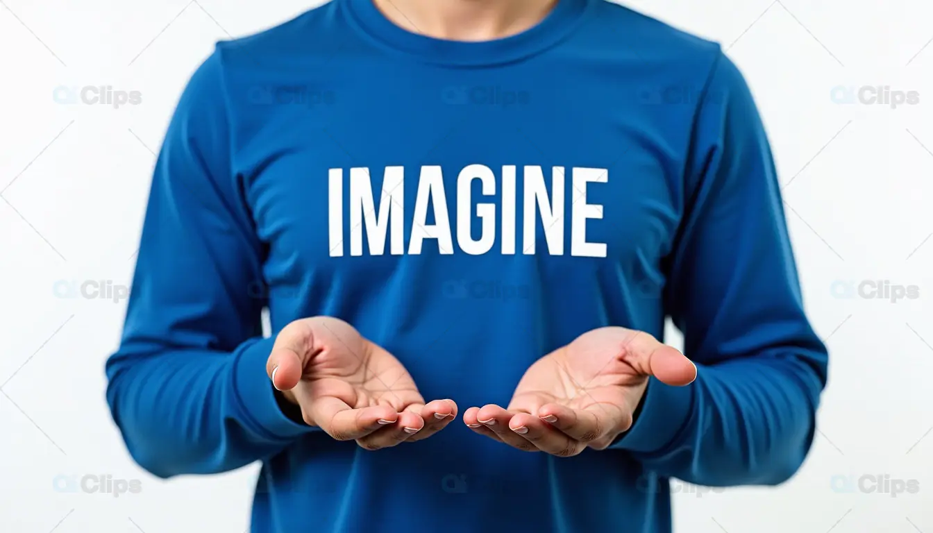 Imagine Slogan on Blue Sweatshirt with Open Hands Gesture