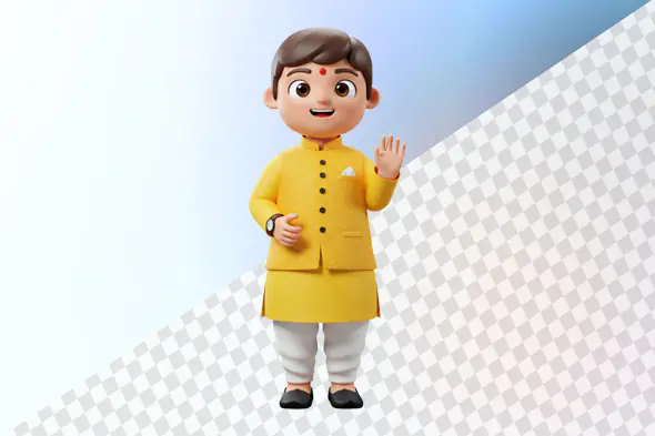 Friendly Indian boy 3D avatar yellow kurta waving