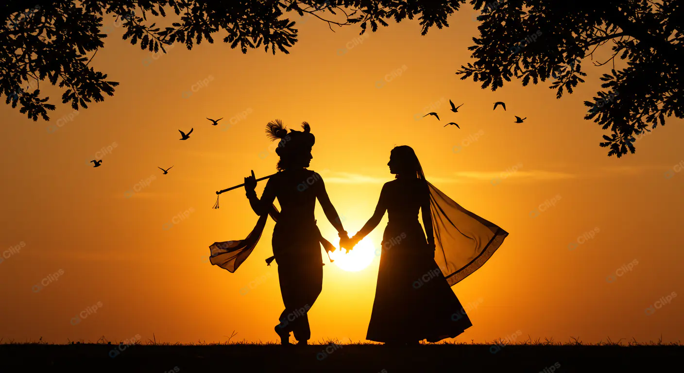 Radha Krishna Silhouette at Golden Sunset