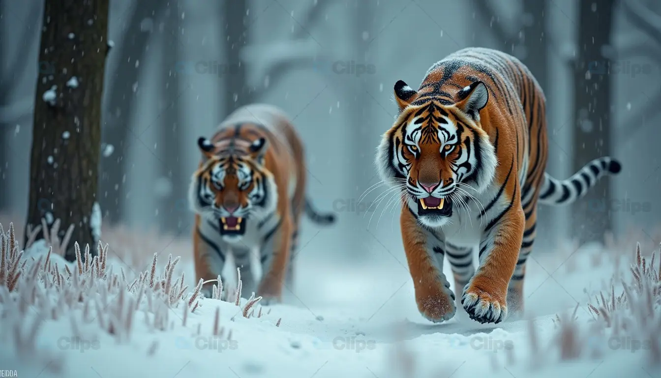 Bengal Tigers Stalking Through Snowy Forest
