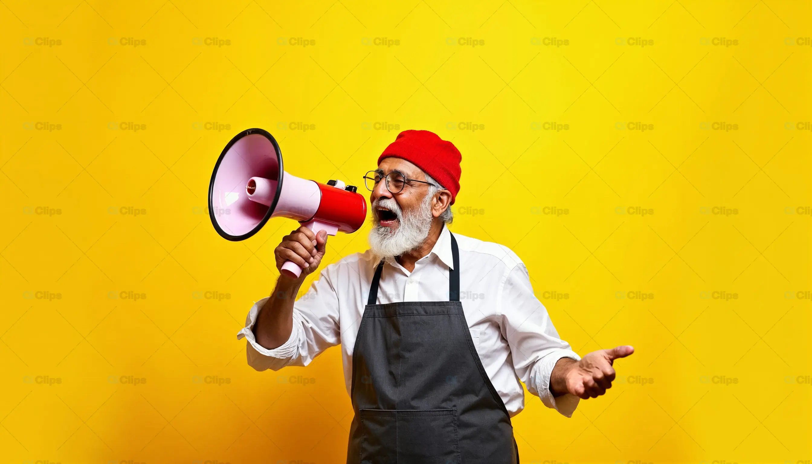 Elderly Man with Megaphone on Yellow Background