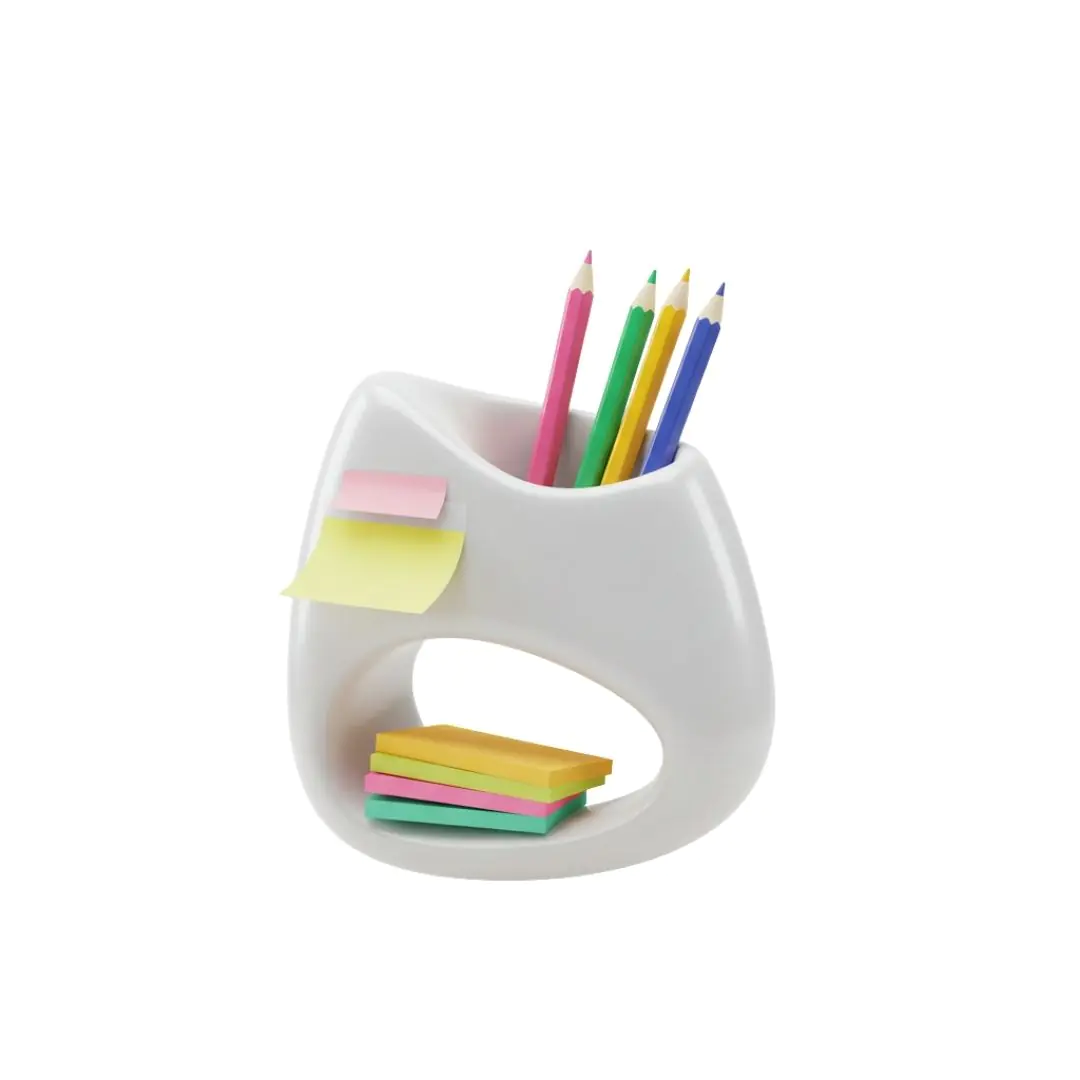 Modern desk organizer with colorful pencils and sticky notes