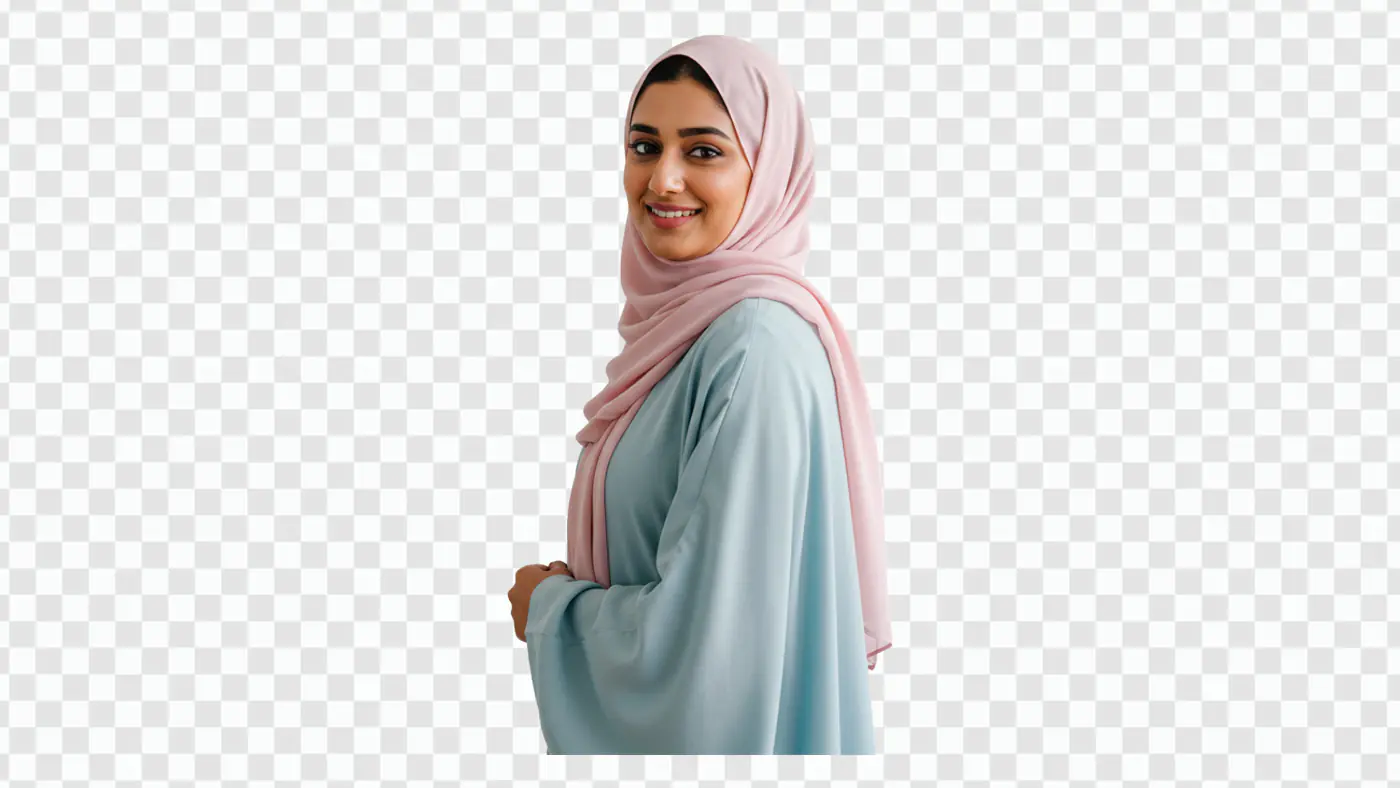 Smiling Woman in Blue Abaya Pink Hijab PNG