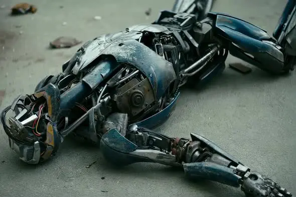 Futuristic Damaged Robot Lying on Concrete Ground