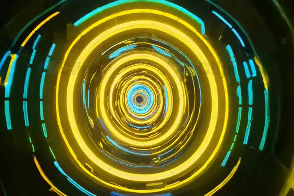 Futuristic Yellow and Blue Neon Tunnel with Spinning Rings