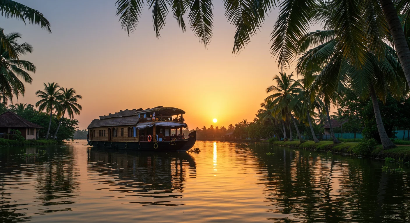 Traditional Kerala Houseboat at Sunrise Over Calm Backwaters