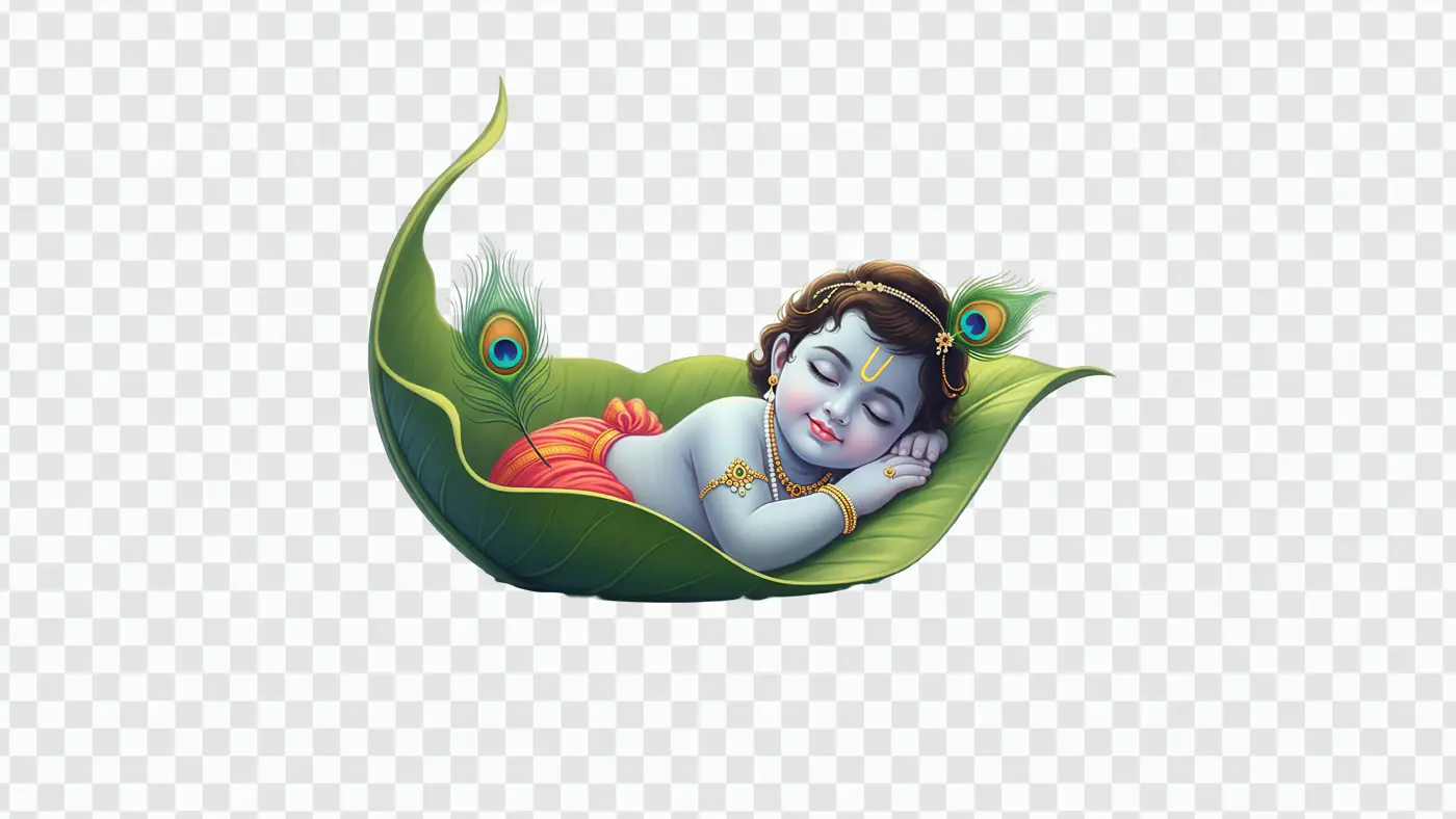 Sleeping baby Krishna on leaf cradle PNG