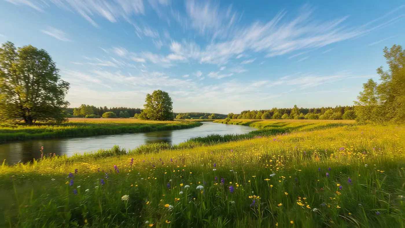 Tranquil River Landscape Wildflower Meadow Golden Hour Scenery | AIClips