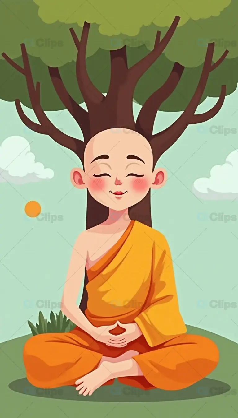 Cartoon Monk Meditating Under Tree Illustration