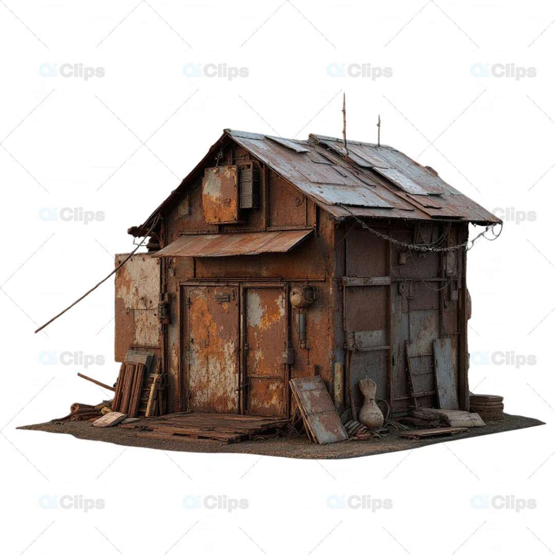 3D Weathered Rusty Shack with Scrap Elements