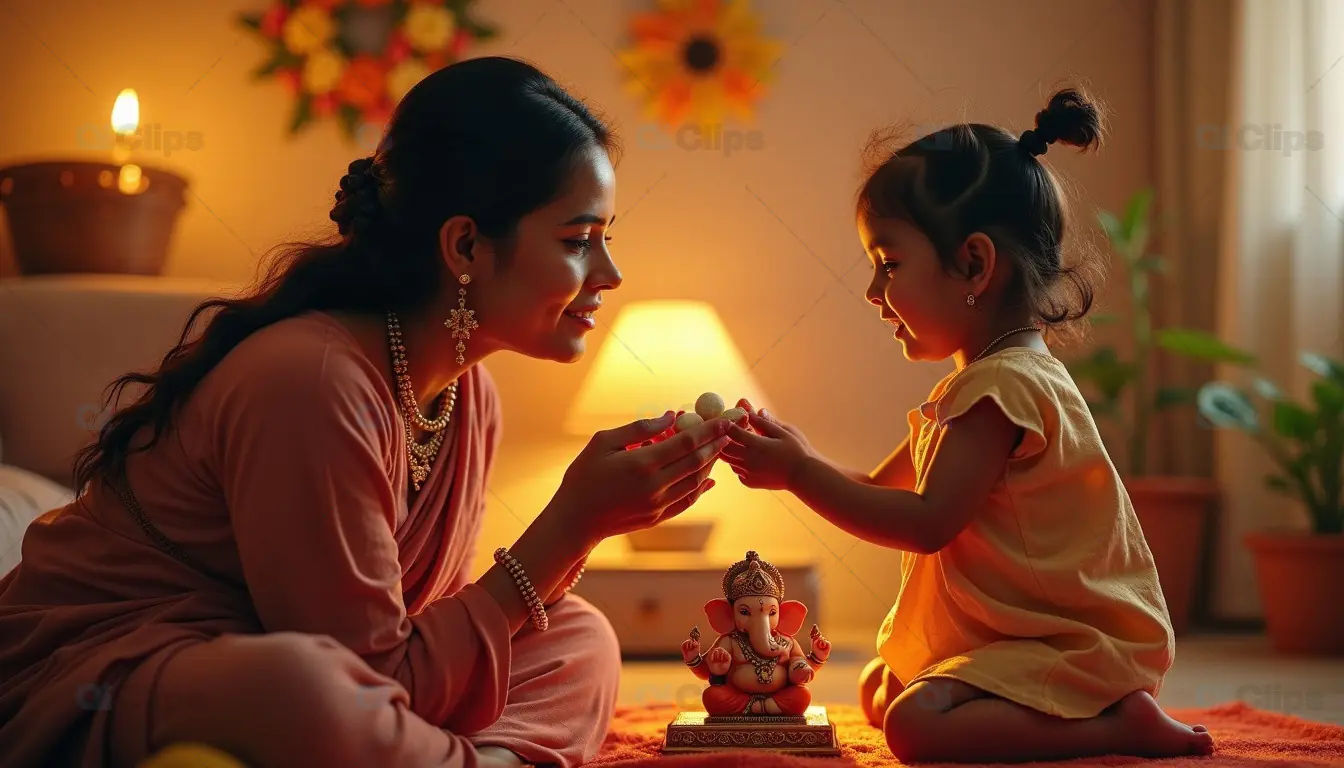 Mother and Daughter Celebrating Ganesh Chaturthi with Lord Ganesha Idol
