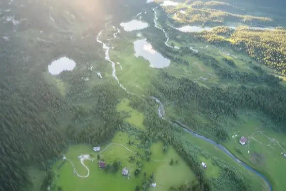 Aerial Wilderness Landscape Pristine Lakes Rivers Sunlit Forest