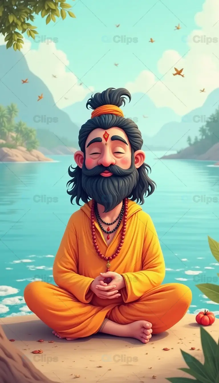 Meditating Sage by River in Tranquil Setting