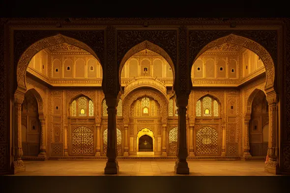 Golden Rajasthani Archway with Ornate Jali Lightplay | Royal Interior Frame