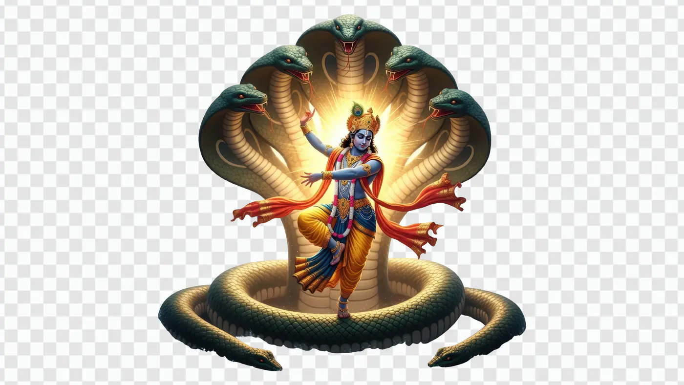 Divine Krishna Dancing on Multi-Headed Serpent PNG