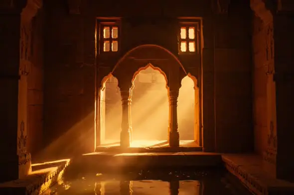 Golden Sunlight Piercing Through Ancient Indian Temple Archway