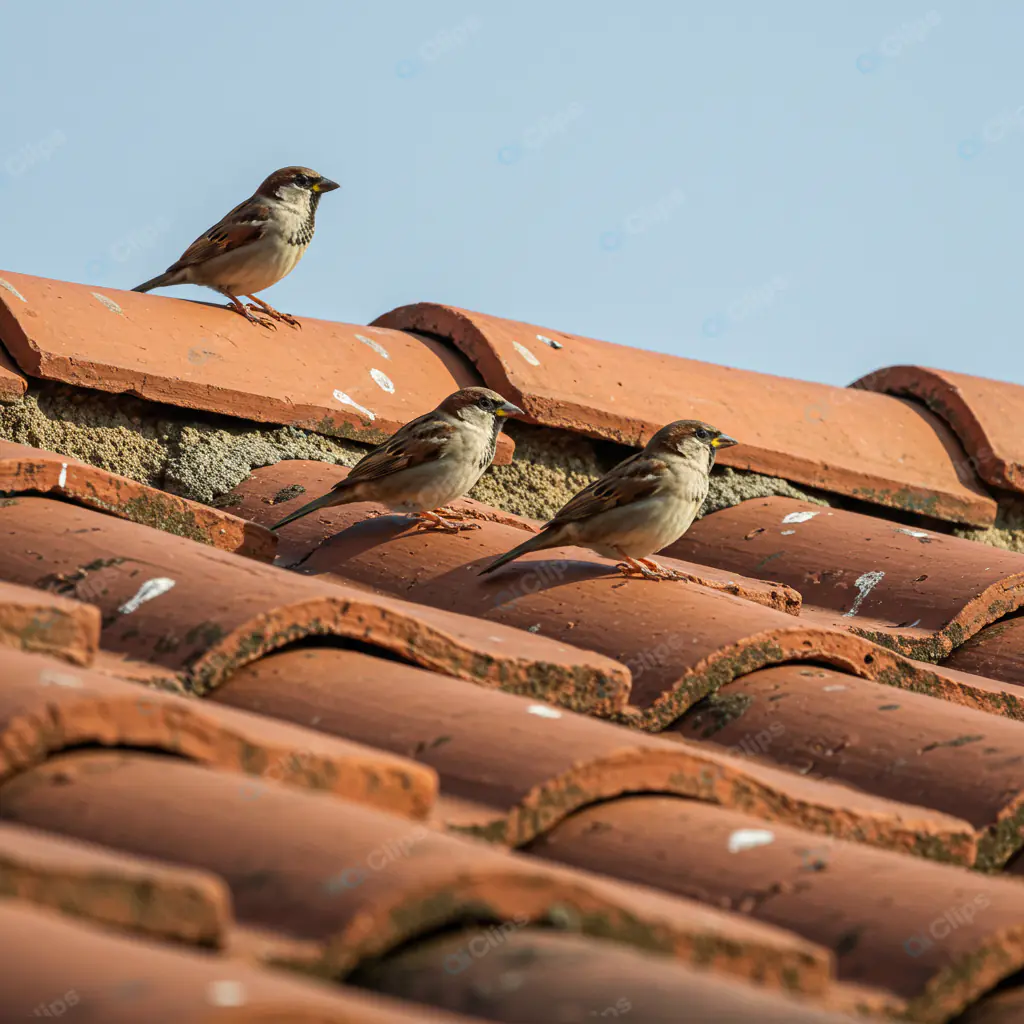 Sparrows Perched on Terracotta Tiles