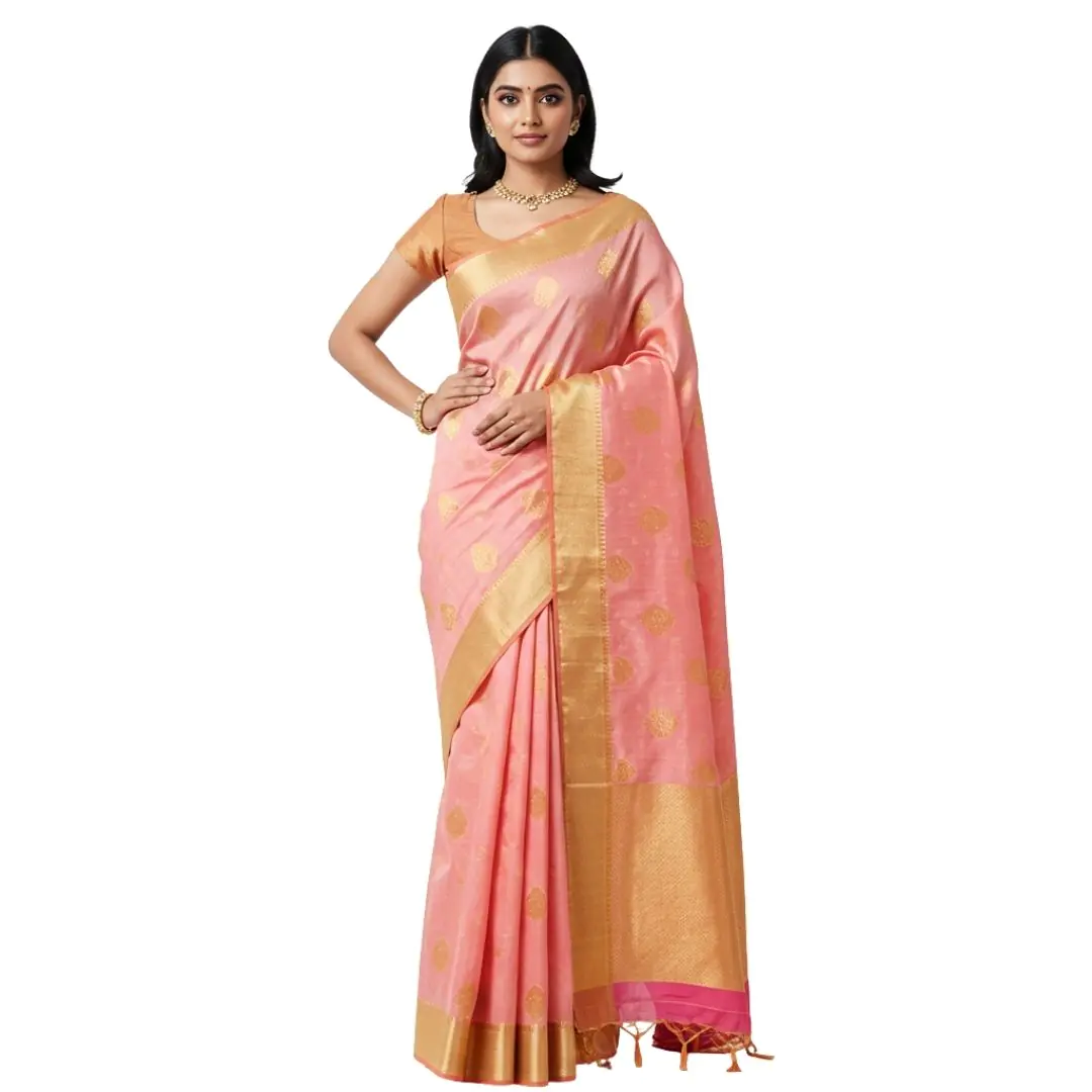 Elegant Woman in Pink Silk Saree PNG Clipart