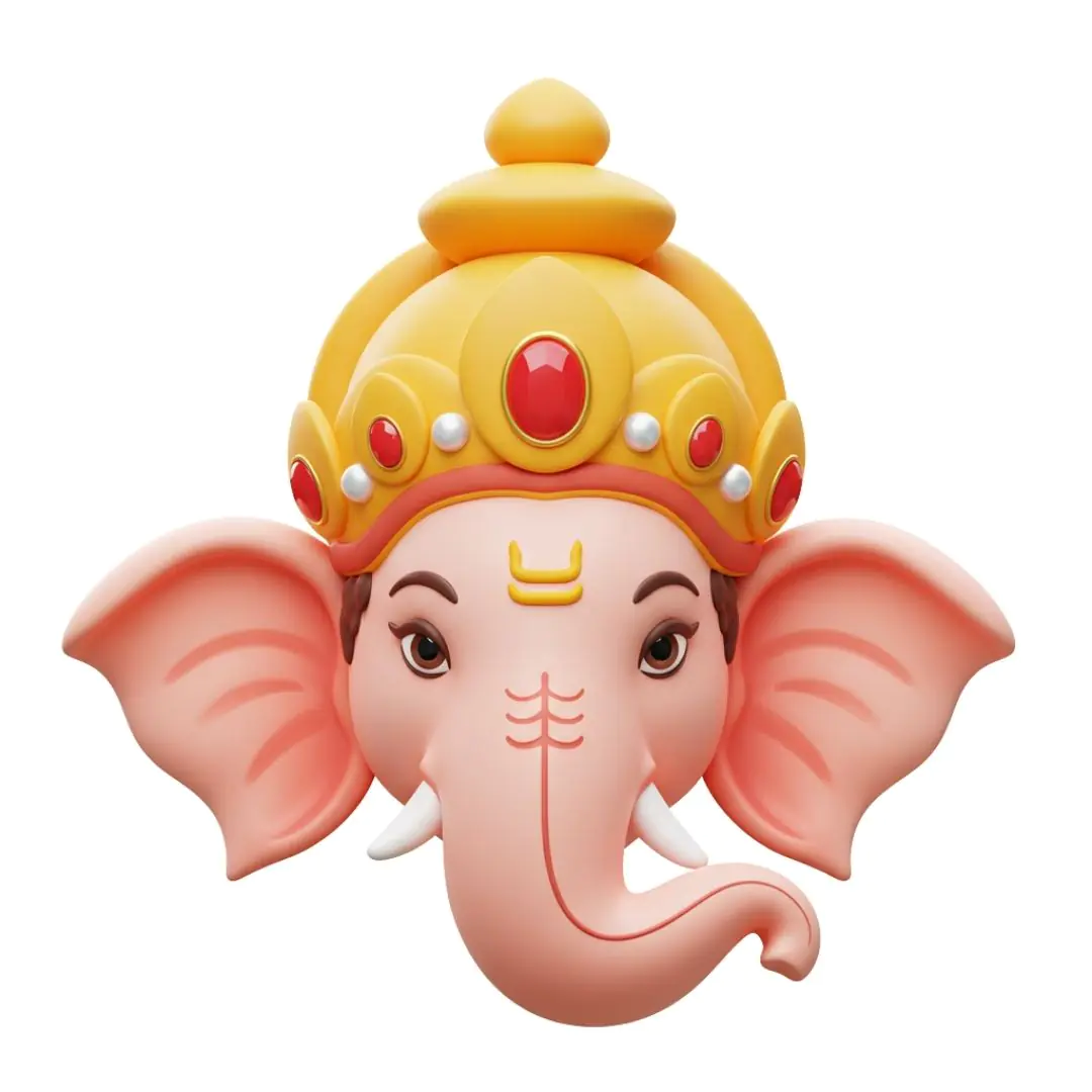 Cheerful Ganesha head with golden crown on blue background
