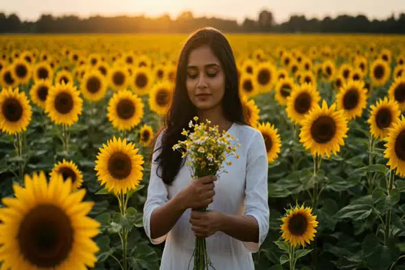 Indian Woman in Sunflower Field