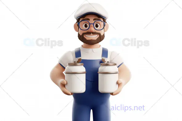 3D Bearded Milkman Avatar Holding Milk Cans