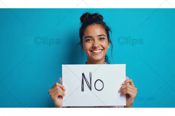 Confident Woman Smiling with 'No' Sign