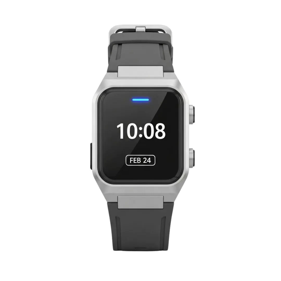 Sleek smartwatch with black screen and gray strap