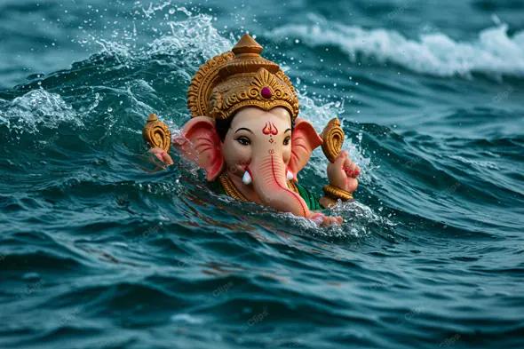 Ganesha Idol Floating in Turbulent Waters
