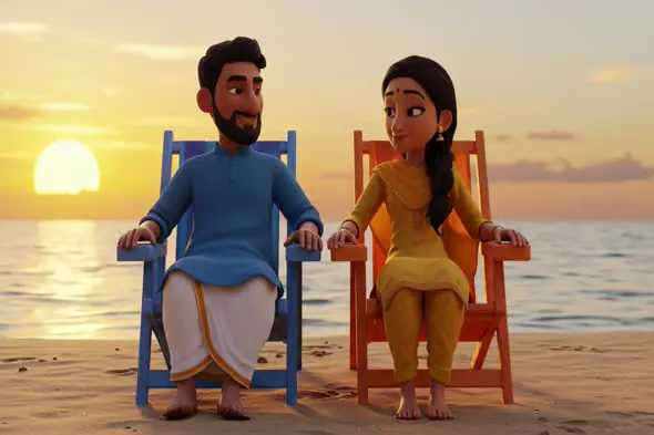 Sunset Romance: Animated Indian Couple