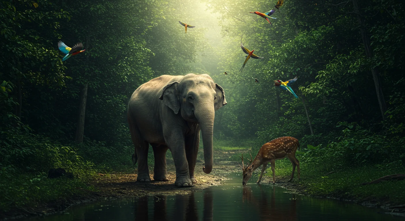 Peaceful Jungle Scene with Elephant, Deer, and Flying Parrots