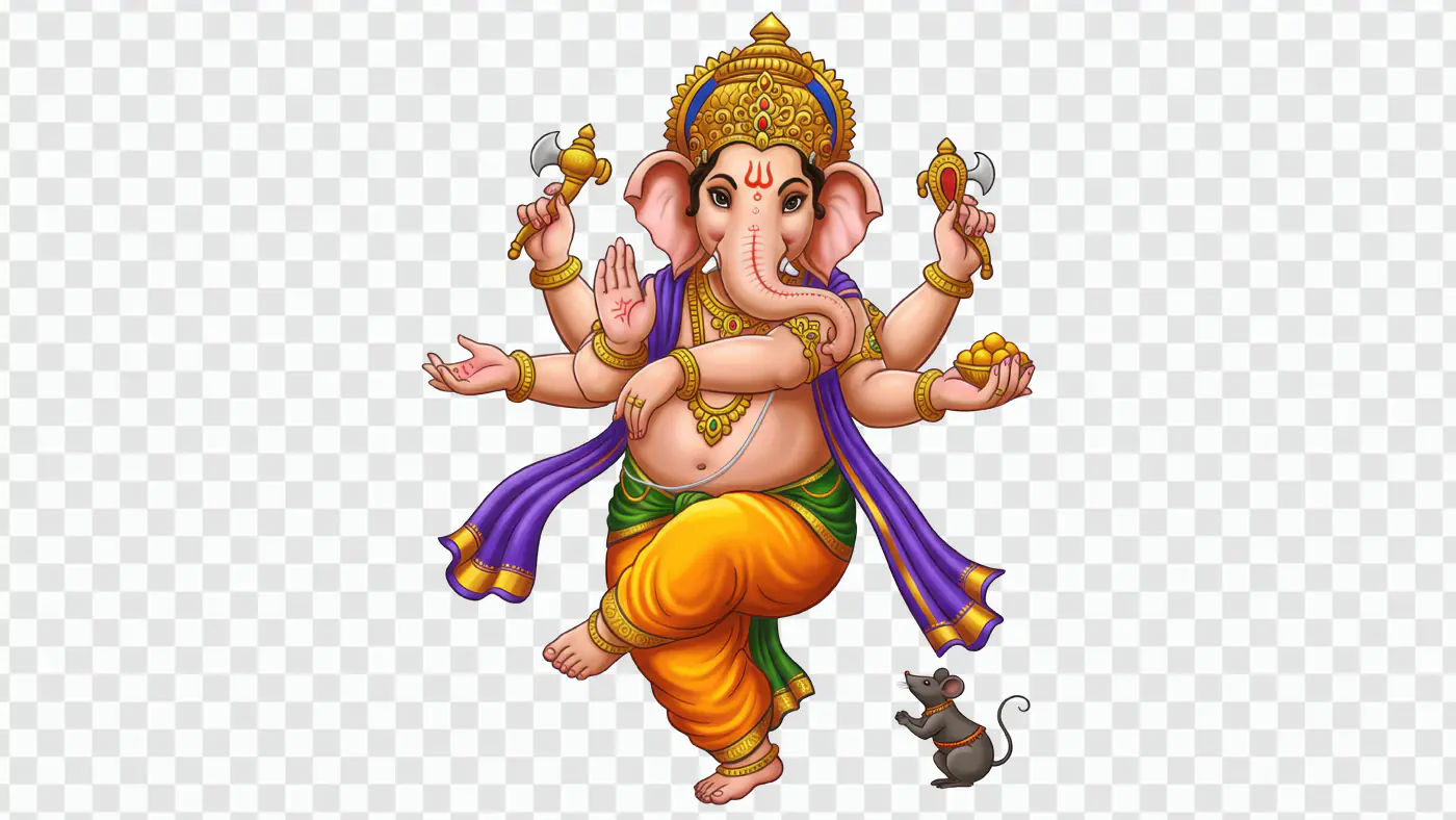 Colorful Dancing Ganesha with Mouse Companion PNG