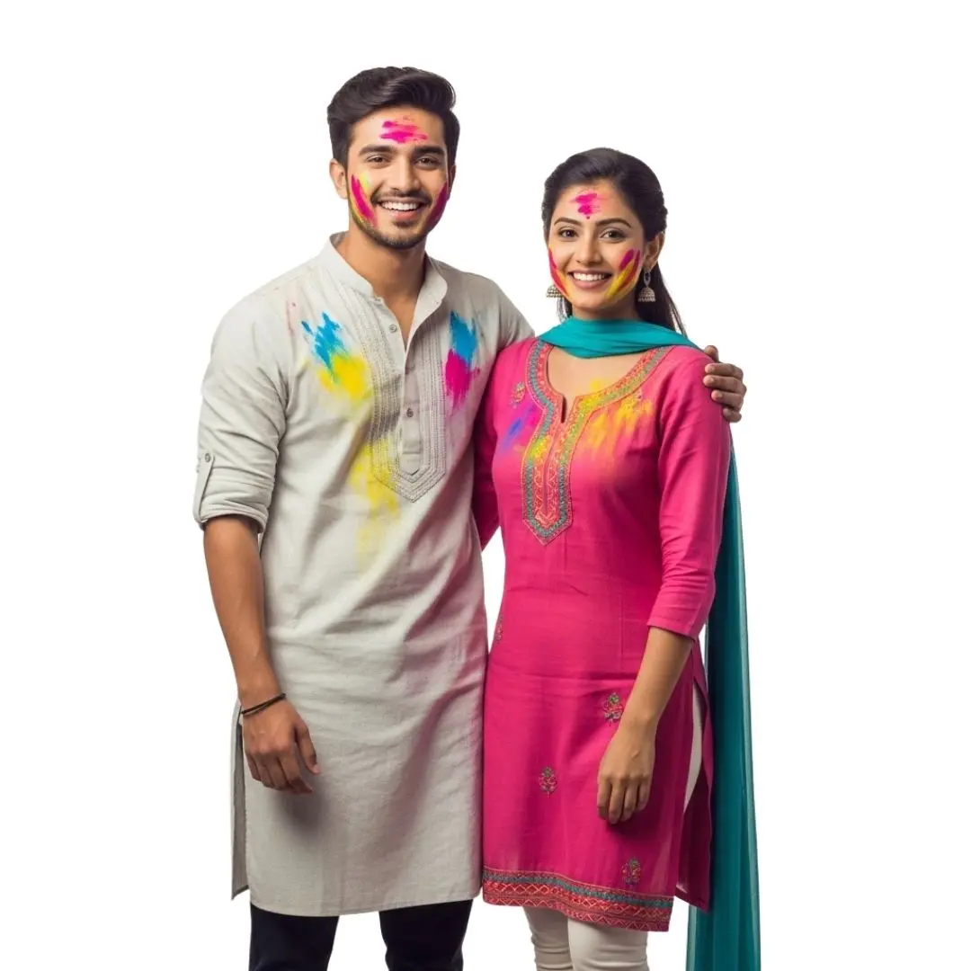 Happy Young Indian Couple Celebrating Holi Festival PNG Clipart